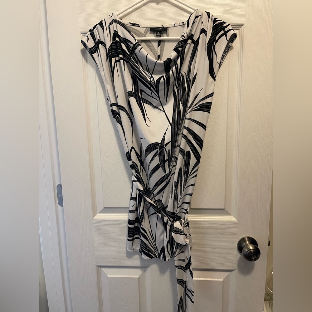 Alfani Black and White Asymmetrical Tie Front Blouse